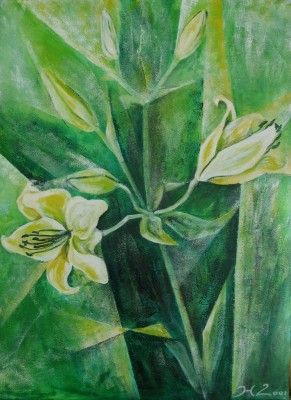 Acrylbild zweier weissen Lilien vor grünem Hintergrund.